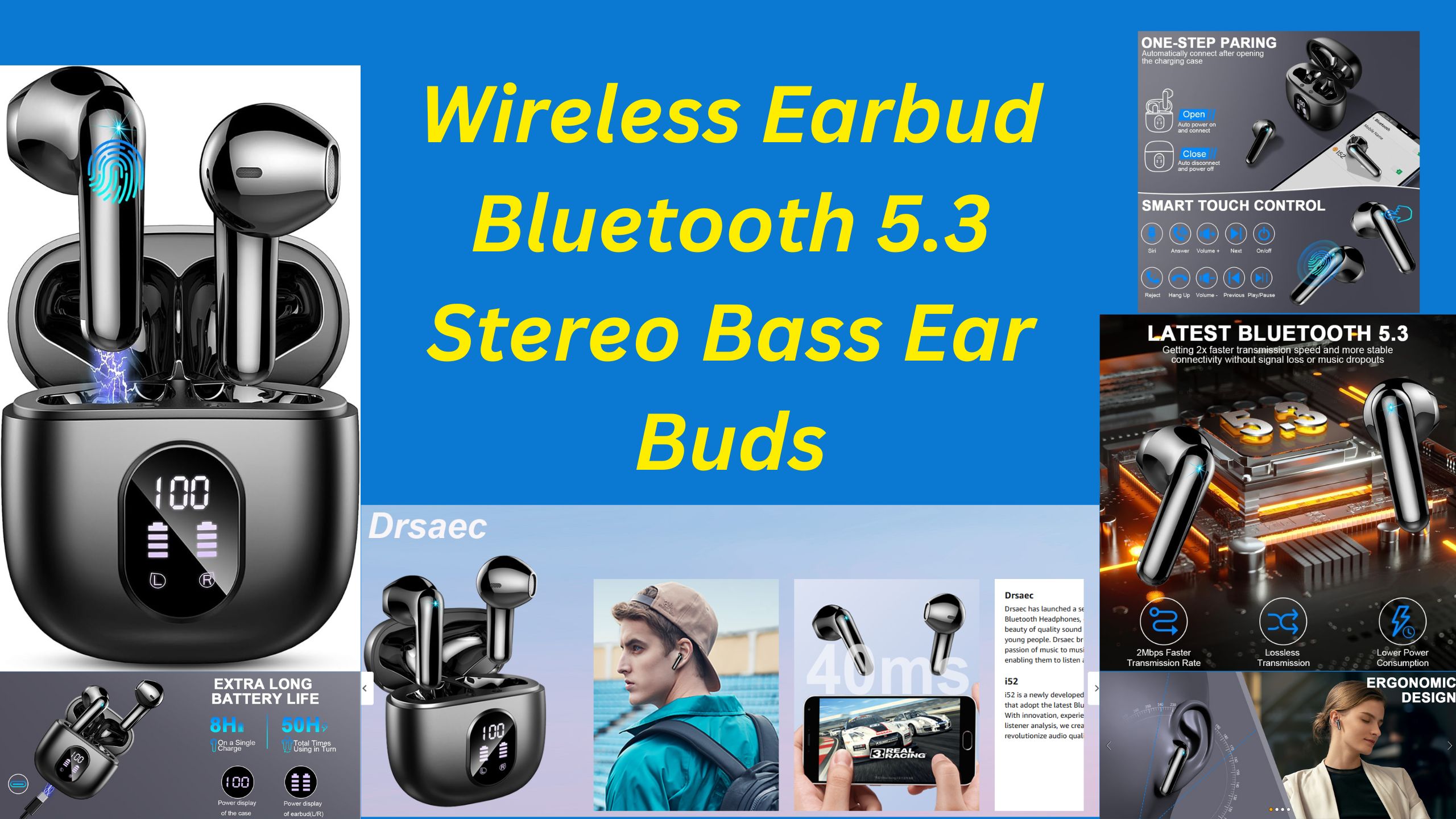 Wireless Earbud Bluetooth 5.3 Stereo Bass Ear Buds